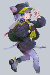 Rule 34 | 1girl, animal ears, arknights, arm up, bachikori-ken, backpack, bad hands, bag, baseball cap, black gloves, black hat, black jacket, black skirt, blue eyes, blush, breasts, click (arknights), commentary, cropped legs, ears through headwear, gloves, grey background, grey hair, grey pantyhose, hat, highres, infection monitor (arknights), jacket, leg up, looking at viewer, medium breasts, midriff peek, mouse ears, mouse tail, one eye closed, pantyhose, shirt, shoes, short hair, simple background, single glove, skirt, smile, sneakers, solo, tail, v, yellow shirt