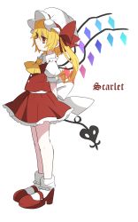 Rule 34 | 1girl, arms behind back, ascot, blonde hair, bow, dress, flandre scarlet, full body, hat, hat bow, highres, laevatein, mary janes, mob cap, mrmk03, puffy short sleeves, puffy sleeves, red dress, red eyes, sash, shirt, shoes, short sleeves, side ponytail, solo, touhou, wings