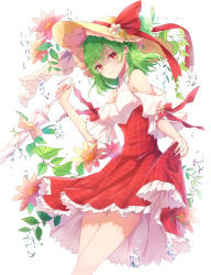 Rule 34 | 1girl, adapted costume, bare shoulders, breasts, clothes lift, clothing cutout, commentary request, feet out of frame, flower, green hair, hat, hat flower, holding, holding umbrella, kazami yuuka, konnyaku (yuukachan 51), leaf, lifted by self, looking at viewer, medium breasts, petticoat, pink flower, plaid, plaid shirt, plant, red eyes, red ribbon, red skirt, ribbon, shirt, shoulder cutout, simple background, skirt, skirt lift, smile, solo, standing, sun hat, thighs, touhou, umbrella, water drop, white background, white shirt, wing collar, yellow flower