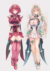 Rule 34 | 2girls, bare legs, bare shoulders, black gloves, blonde hair, breasts, chest jewel, cleavage, cleavage cutout, clothing cutout, dress, earrings, elbow gloves, fingerless gloves, gloves, inoue takuya (tactactak), jewelry, large breasts, long hair, multiple girls, mythra (xenoblade), pyra (xenoblade), red eyes, red hair, red legwear, red shorts, short dress, short hair, short shorts, shorts, swept bangs, thigh strap, thighhighs, tiara, very long hair, white dress, white footwear, white gloves, xenoblade chronicles (series), xenoblade chronicles 2, yellow eyes