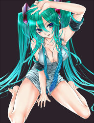Rule 34 | 1girl, arm support, arm up, armband, bad id, bad pixiv id, black background, breasts, covered erect nipples, green hair, hatsune miku, highres, long hair, medium breasts, necktie, no pants, panties, sasaki shou, sitting, solo, striped clothes, striped panties, twintails, underwear, very long hair, vocaloid, wariza