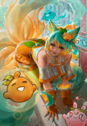 Rule 34 | 1girl, :&gt;, absurdres, ahri (league of legends), all fours, alternate costume, animal ears, bare shoulders, fingerless gloves, food-themed hair ornament, fox ears, fox tail, gloves, green hair, hair between eyes, hair ornament, highres, league of legends, league of legends: wild rift, looking at viewer, multiple tails, nyahabi2112, orange gloves, orange hair, orange hair ornament, orange skirt, pleated skirt, shirt, short sleeves, skirt, smile, solo, tail, teeth, thighhighs, water, yellow thighhighs