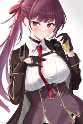 Rule 34 | 1girl, absurdres, asymmetrical hair, black gloves, black jacket, blush, braid, closed mouth, french braid, girls&#039; frontline, girls&#039; frontline 2: exilium, gloves, hair ribbon, hand on own chest, highres, jacket, long hair, looking at viewer, necktie, partially fingerless gloves, ponytail, purple hair, red eyes, red necktie, red ribbon, ribbon, simple background, solo, tigger drawing, twitter username, two-tone gloves, upper body, wa2000 (girls&#039; frontline), white background, yellow gloves