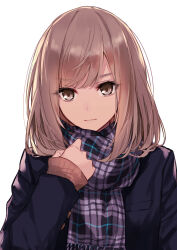 Rule 34 | 1girl, absurdres, aosaki yukina, black jacket, blazer, brown eyes, brown hair, brown sweater, checkered clothes, checkered scarf, clenched hand, closed mouth, crossed bangs, hair over shoulder, hand on own chest, head tilt, highres, jacket, looking at viewer, medium hair, original, purple scarf, scarf, school uniform, simple background, solo, sweater, swept bangs, v-shaped eyebrows, white background