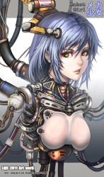 Rule 34 | 1girl, android, blue hair, breasts, cable, cyberpunk, lieqi hun, lips, mechanical parts, robot, science fiction, solo, yellow eyes