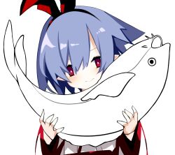 Rule 34 | 1girl, black background, blue hair, closed mouth, commentary, disgaea, fish, hair between eyes, hairband, highres, letterboxed, looking at viewer, nanozenzen, pillarboxed, pleinair, red eyes, sakurafish, smile, solo, transparent background