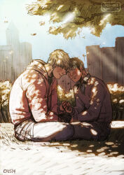 Rule 34 | 2boys, alternate costume, autumn leaves, bad id, bad tumblr id, bara, black hair, blonde hair, blush, contemporary, couple, cris art, denim, forehead-to-forehead, heads together, holding hands, hood, hoodie, hulkling, jeans, long sideburns, male focus, marvel, multiple boys, muscular, muscular male, pants, short hair, sideburns, sitting, smile, sunlight, sweater, tree shade, wiccan, wind, yaoi