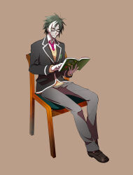 Rule 34 | 1boy, bandaged hand, bandages, black-framed eyewear, black footwear, black jacket, book, brown background, brown sweater vest, chair, closed mouth, collared jacket, collared shirt, colored skin, commentary request, full body, gensoudanshi, glasses, green eyes, green hair, grey pants, grey skin, hands up, highres, holding, holding book, jacket, long sleeves, looking at viewer, male focus, monster boy, multicolored hair, necktie, original, pants, school uniform, shirt, short hair, simple background, sitting, solo, streaked hair, sweater vest, white hair, white shirt, zombie