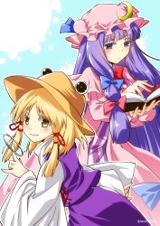 Rule 34 | 2girls, blonde hair, blue bow, blue ribbon, blush, book, bow, bowtie, capelet, commentary request, crescent, crescent pin, dress bow, hair bow, hair ribbon, hat, hat ribbon, highres, long hair, moriya suwako, multiple girls, open book, outline, patchouli knowledge, pink bow, purple eyes, purple hair, purple skirt, purple vest, pyonta, reading, red bow, red neckwear, ribbon, sato-pon, shirt, short hair, skirt, touhou, twitter username, very long hair, vest, watermark, white outline, white shirt, wide sleeves, yellow eyes