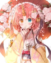 Rule 34 | 1girl, b rock, bad id, bad pixiv id, blush, bug, butterfly, fate/apocrypha, fate/grand order, fate (series), flower, frankenstein&#039;s monster (fate), hair flower, hair ornament, hand on own face, heterochromia, highres, holding, holding umbrella, horns, insect, japanese clothes, kimono, long sleeves, looking at viewer, obi, obiage, obidome, obijime, oil-paper umbrella, petals, pink hair, sash, short hair, single horn, solo, standing, umbrella, upper body, wide sleeves