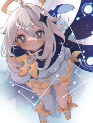Rule 34 | 1girl, blush, boots, commentary request, constellation, dress, genshin impact, hair between eyes, hair ornament, halo, highres, long sleeves, looking at viewer, mei (maple 152), paimon (genshin impact), parted lips, scarf, simple background, single thighhigh, solo, star (symbol), thighhighs, white dress, white footwear, white hair, white thighhighs