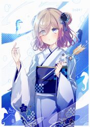 Rule 34 | 1girl, 2024, :o, absurdres, arrow (projectile), bell, black flower, blue eyes, blue flower, blue kimono, blue nails, blush, brown hair, commentary request, double bun, eyes visible through hair, fish, floral print, flower, hair bun, hair flower, hair ornament, hair over one eye, hamaya, hands up, highres, holding, holding arrow, japanese clothes, jingle bell, kimono, long sleeves, nail polish, obi, original, parted lips, print kimono, sash, seahorse, sofra, solo, white background, white kimono, wide sleeves