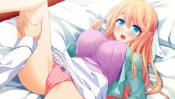 Rule 34 | 1girl, bed, blonde hair, blue eyes, blush, breasts, donuthouse, furoura aruse noriumu neon, game cg, large breasts, leg grab, leg up, legs, long hair, looking down, lying, mayachi (amuriya), open mouth, panties, pillow, skirt, solo focus, thighs, underwear, valkyrie runabout!