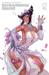 Rule 34 | 1girl, black hair, bouquet, commentary, cover, dress, elbow gloves, english commentary, english text, flower, gloves, hair behind ear, hair flower, hair horns, hair ornament, han juri, hand on own hip, jewelry, leaning forward, looking at viewer, magazine cover, parted lips, purple eyes, purple flower, reiq, ring, second-party source, sidelocks, solo, street fighter, thigh strap, wedding dress, wedding ring, white dress, white gloves
