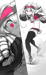 Rule 34 | 1girl, :o, absurdres, bandaged hand, bandages, black jacket, black shorts, black thighhighs, blurry, boxing, breasts, cleavage, close-up, cropped jacket, curvy, depth of field, detailed knuckles, exercise, fighting stance, goggles, goggles on head, greyscale, highres, jacket, light blush, long bangs, long sleeves, medium breasts, messy hair, midriff, monochrome, motion blur, multiple views, navel, niwamaru (niwarhythm), niwarhythm, original, pants, pink eyes, pink trim, pov, punching, shaded face, shadow, shiny skin, shockwave, short hair, short shorts, shorts, solo, spot color, standing, strapless, thick thighs, thighhighs, thighs, toned, torn clothes, torn pants, tube top, underboob, white background, white footwear, white hair