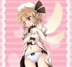 Rule 34 | 1girl, :&lt;, black bow, black ribbon, blonde hair, blush, bow, bow panties, chima q, clothes lift, cowboy shot, dress, dress lift, drill hair, embarrassed, fairy wings, gluteal fold, hat, heart, lifting own clothes, long hair, looking away, luna child, panties, polka dot, polka dot background, puffy short sleeves, puffy sleeves, red eyes, ribbon, ribbon trim, short sleeves, simple background, solo, standing, striped, striped background, touhou, underwear, white panties, wings