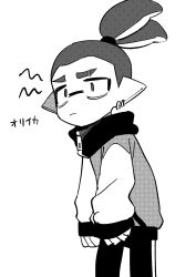 Rule 34 | 1boy, arms at sides, bags under eyes, closed mouth, earrings, feet out of frame, frown, greyscale, highres, inkling, inkling boy, inkling player character, jacket, jewelry, long sleeves, looking ahead, male focus, menma (enaic31), monochrome, multiple earrings, nintendo, simple background, sketch, sleeves past wrists, solo, splatoon (series), thick eyebrows, translation request, zipper pull tab