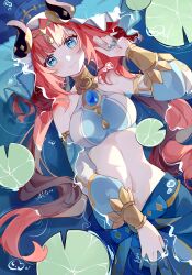 Rule 34 | 1girl, absurdres, blue eyes, blue nails, blue skirt, cuffs, detached sleeves, gem, genshin impact, headdress, heart, heart-shaped pupils, highres, horn ornament, horns, in water, light blush, lily pad, looking at viewer, luobotou cuncun zhang, lying, midriff, nail polish, nilou (genshin impact), red hair, ripples, signature, skirt, smile, solo, symbol-shaped pupils