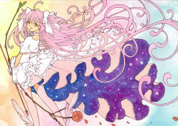 Rule 34 | 10s, 1girl, arrow (projectile), bow, bow (weapon), choker, colored pencil (medium), dress, flower, frills, gloves, hair bow, kaname madoka, long hair, mahou shoujo madoka magica, mahou shoujo madoka magica (anime), painting (medium), petals, pink hair, rose, sayococco, solo, space, star (symbol), thighhighs, traditional media, ultimate madoka, watercolor (medium), weapon, white dress, white gloves, wind, yellow eyes