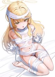 1girl bandages barefoot blonde_hair blue_archive claw_pose flat_chest halo highres long_hair looking_at_viewer mrsc mummy_costume naked_bandage navel open_mouth simple_background sitting soles solo stomach wariza yellow_halo yoshimi_(blue_archive) yoshimi_(halloween)_(blue_archive)