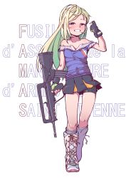 Rule 34 | 1girl, assault rifle, bare shoulders, bike shorts under skirt, blonde hair, blush, boots, bullpup, character name, contrapposto, cross-laced footwear, famas, famas (forest whisperer and birds) (girls&#039; frontline), famas (girls&#039; frontline), fingerless gloves, french text, girls&#039; frontline, gloves, green eyes, grey legwear, gun, highres, jarv, knee boots, lace-up boots, long hair, looking at viewer, loose socks, pointing, pointing at self, rifle, smile, socks, solo, weapon, white background