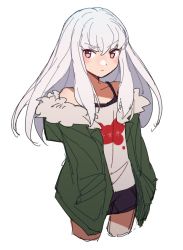 Rule 34 | 1girl, alternate costume, black camisole, black shorts, blush, camisole, closed mouth, cosplay, crossover, do m kaeru, fire emblem, fire emblem: three houses, fur-trimmed jacket, fur trim, green jacket, hand in pocket, jacket, long hair, long sleeves, looking at viewer, lysithea von ordelia, nintendo, off shoulder, open clothes, open jacket, persona, persona 5, pink eyes, pocket, print shirt, sakura futaba, sakura futaba (cosplay), shirt, short shorts, shorts, simple background, solo, voice actor connection, white background, white hair, white shirt, yuuki aoi