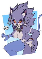 Rule 34 | 1girl, alternate form, animal ears, armlet, bracelet, breasts, cat ears, cat girl, cat tail, claws, colored sclera, earrings, fangs, furry, highres, isabella (seiken densetsu 3), jewelry, necklace, no nipples, purple fur, purple hair, red sclera, seiken densetsu, seiken densetsu 3, slit pupils, supacrikeydave, tail