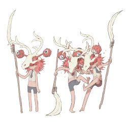 Rule 34 | 3boys, 999knight, animal skull, antlers, arm at side, bare arms, bare legs, bare shoulders, barefoot, black necktie, black shorts, brothers, clenched teeth, collared shirt, commentary request, covered eyes, double bun, extra eyes, fighting, flying sweatdrops, hair bun, hair over eyes, hair through headwear, holding, holding polearm, holding weapon, horns, kicking, male focus, medium hair, midriff, multiple boys, navel, necktie, outstretched arms, park ssi-yu daegi, polearm, red hair, shirt, shorts, siblings, sleeveless, sleeveless shirt, soles, standing, standing on one leg, sweat, teeth, weapon, weapon request