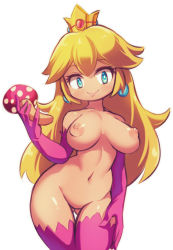 Rule 34 | 1girl, absurdres, boots, breasts, bright pupils, closed mouth, cowboy shot, crown, earrings, elbow gloves, gloves, highres, jewelry, large breasts, long hair, looking at viewer, mario (series), nintendo, nipples, no nose, nude, princess peach, smile, solo, somesome, super mario bros. 1, thigh boots, thighhighs, white pupils