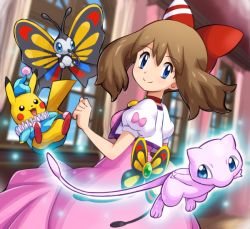Rule 34 | 1girl, alternate costume, beautifly, bow, brown hair, clothed pokemon, creatures (company), dress, game freak, gen 1 pokemon, gen 3 pokemon, hair bow, indoors, legendary pokemon, may (pokemon), mew (pokemon), mythical pokemon, nintendo, pikachu, pink dress, pokemoa, pokemon, pokemon: lucario and the mystery of mew, pokemon (anime), pokemon (creature), pokemon rse (anime), puffy short sleeves, puffy sleeves, short sleeves, smile, twintails