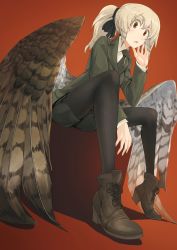 Rule 34 | 1girl, asterisk kome, blonde hair, boots, green jacket, hair tie, high heel boots, high heels, highres, jacket, leather, leather boots, low wings, necktie, orange eyes, pantyhose, ponytail, red background, shoelaces, shorts, sitting, winged fusiliers, wings