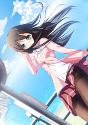 Rule 34 | 1girl, arm up, beach, bird, black hair, black pantyhose, blazer, blue eyes, blush, bow, bowtie, breasts, cloud, collared shirt, commentary, cowboy shot, day, dutch angle, fence, frilled shirt, frills, hand on own head, hand on railing, highres, jacket, long hair, long sleeves, looking at viewer, ocean, on railing, original, outdoors, pantyhose, parted lips, pastel-pastel, pink jacket, pink skirt, pleated skirt, railing, rock, sand, seagull, shirt, shore, sign, sitting, skirt, sky, small breasts, solo, standing, tareme, white bow, white bowtie, white shirt, wind, wing collar