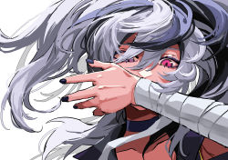 Rule 34 | 1girl, absurdres, bandaged arm, bandages, choker, collarbone, commentary, covering own mouth, floating hair, flower (vocaloid), flower (vocaloid3), hand over own mouth, hand up, highres, long hair, looking at viewer, mujikuro, multicolored hair, nail polish, purple hair, purple nails, red eyes, slit pupils, solo, streaked hair, upper body, vocaloid, white background, white hair