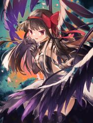 1girl akemi_homura akuma_homura bare_shoulders black_dress black_gloves black_thighhighs black_wings bow bow_hairband breasts cleavage detached_collar dress elbow_gloves feathered_wings finger_to_mouth gloves hair_bow hairband highres index_finger_raised mahou_shoujo_madoka_magica mahou_shoujo_madoka_magica:_hangyaku_no_monogatari mzk0526 purple_eyes reaching reaching_towards_viewer red_bow red_hairband sleeveless sleeveless_dress solo thighhighs wings