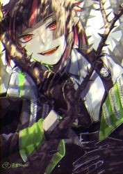 Rule 34 | 1boy, artist name, black gloves, black hair, bleeding, blood, blood on face, blunt bangs, chromatic aberration, collared shirt, colored blood, fangs, gloves, green blood, holding, kaerurokuroku24, lilia vanrouge, male focus, multicolored hair, off-shoulder jacket, off shoulder, open mouth, pink eyes, pink hair, pointy ears, shirt, signature, solo, streaked hair, thorns, twisted wonderland