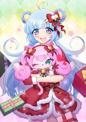 Rule 34 | 1girl, animal ears, bear ears, bear girl, blue eyes, blue hair, blush, dress, highres, long hair, looking at viewer, low twintails, mel6969, open mouth, rosia (show by rock!!), santa dress, show by rock!!, smile, solo focus, stuffed toy, tsukino (show by rock!!), twintails