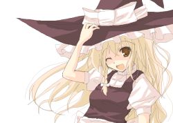 Rule 34 | 1girl, ;d, black dress, blonde hair, brown eyes, dress, female focus, frills, hat, kirisame marisa, looking at viewer, one eye closed, open mouth, puffy short sleeves, puffy sleeves, rikudou inuhiko, short sleeves, simple background, smile, solo, touhou, upper body, white background, witch, witch hat