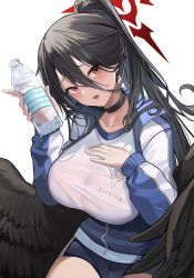 Rule 34 | 1girl, black wings, blue archive, blue jacket, blush, bottle, breasts, choker, collarbone, gym shorts, gym uniform, halo, hasumi (blue archive), hasumi (track) (blue archive), highres, holding, holding bottle, jacket, large breasts, long hair, looking at viewer, mole, mole under eye, official alternate costume, open mouth, plastic bottle, ponytail, red eyes, runa (user guwn7382), see-through, see-through shirt, shirt, shorts, simple background, solo, track jacket, very long hair, water bottle, white background, white shirt, wings