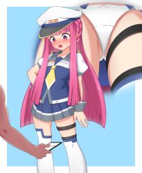 Rule 34 | asymmetrical legwear, blue background, blue serafuku, blunt bangs, blunt ends, blunt sidelocks, blush, border, bow, bow panties, braid, camera, cellphone, grey sailor collar, hand on own hip, hat, highres, holding, holding phone, long hair, looking down, multiple views, neckerchief, open mouth, panties, peaked cap, phone, pink eyes, pink hair, pleated skirt, pop&#039;n music, puffy sleeves, sailor collar, sawamura (sawamura0510), school uniform, serafuku, sidelocks, simple background, skirt, smartphone, sumire (pop&#039;n music), sweat, taking picture, thigh strap, thighhighs, underwear, upskirt, very long hair, white border, white panties, white thighhighs, yellow neckerchief