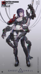 Rule 34 | 1girl, absurdres, barcode, belt, belt pouch, black footwear, black gloves, black jacket, black thighhighs, boots, breasts, character name, choker, cleavage, closed mouth, collarbone, commentary, copyright name, covered navel, cropped jacket, english commentary, english text, eyelashes, full body, ghost in the shell, gloves, gluteal fold, grey background, gun, handgun, highres, jacket, kusanagi motoko, lanyaojun, leotard, light smile, lips, lipstick, looking at viewer, makeup, mechanical arms, medium breasts, pistol, pouch, purple hair, qr code, red eyes, science fiction, short hair, single mechanical arm, solo, standing, thigh boots, thigh pouch, thigh strap, thighhighs, thighs, typo, weapon