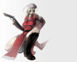 Rule 34 | 1girl, blonde hair, boots, breasts, female focus, female pubic hair, final fantasy, final fantasy tactics, full body, gradient background, gun, no panties, orator (fft), pubic hair, solo, takai, thighs, weapon