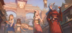 Rule 34 | 4girls, architecture, au ra, blonde hair, blue eyes, blue hair, brown eyes, brown hair, china dress, chinese clothes, day, dragon horns, dress, east asian architecture, final fantasy, final fantasy xiv, fingerless gloves, flower, food, gloves, hair flower, hair ornament, heterochromia, highres, horns, japanese clothes, kiwi (1115168110), long hair, looking at another, looking back, miqo&#039;te, multiple girls, open mouth, outdoors, samurai (final fantasy), side slit