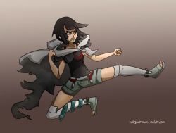 Rule 34 | 1girl, angry, anklet, artist name, black hair, black shirt, bob cut, boots, breasts, cape, clenched hand, creatures (company), dark skin, female focus, fighting, fighting stance, flying kick, game freak, gradient background, jewelry, jumping, kicking, legs, neck, nintendo, pokemon, pokemon oras, red eyes, sandals, shirt, short hair, short shorts, shorts, simple background, sleeveless, sleeveless shirt, thighs, toeless footwear, toenails, toes, zinnia (pokemon)