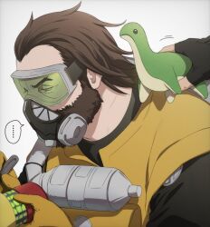 Rule 34 | ..., 1boy, animification, apex legends, beard, black gloves, caustic (apex legends), explosive, facial hair, fingerless gloves, gas mask, gloves, goggles, grenade, grey background, hair slicked back, hazmat suit, holding, holding stuffed toy, jbo, male focus, mask, nessie (respawn), solo focus, speech bubble, spoken ellipsis, stuffed toy, widow&#039;s peak, yellow gloves