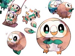Rule 34 | alternate color, animal focus, bird, bow, bowtie, closed eyes, commentary request, creatures (company), game freak, gen 7 pokemon, green bow, green bowtie, hanabusaoekaki, highres, leaf, nintendo, no humans, open mouth, owl, pokemon, pokemon (creature), rowlet, shiny pokemon, simple background, solid oval eyes, upside-down, white background