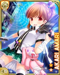 Rule 34 | 1girl, amari akari, bandages, brown hair, card (medium), character name, closed mouth, dutch angle, girlfriend (kari), green skirt, hair ornament, indoors, looking at viewer, multicolored hair, nail polish, nature, night, official art, plaid, plaid skirt, qp:flapper, red eyes, red hair, red nails, school, school uniform, shirt, short hair, side ponytail, silk, skirt, smile, solo, solo focus, spider web, standing, striped clothes, striped thighhighs, stuffed animal, stuffed rabbit, stuffed toy, thighhighs, tongue, tongue out, toy gun, white shirt, zettai ryouiki
