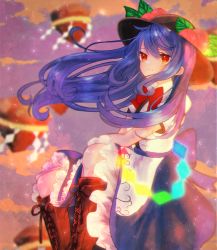 Rule 34 | 1girl, black hat, blue hair, blue skirt, blurry, blurry background, boots, bow, bowtie, brown footwear, center frills, closed mouth, commentary request, cross-laced footwear, feet out of frame, frilled skirt, frills, gyokuro (maposo140203), hat, highres, hinanawi tenshi, keystone, leaf hat ornament, long hair, peach hat ornament, rainbow order, red bow, red bowtie, red eyes, short sleeves, skirt, solo, touhou