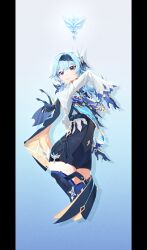 Rule 34 | 1girl, absurdres, blue background, blue gloves, blue hair, blue hairband, blue leotard, boots, breasts, cape, closed mouth, cropped legs, eula (genshin impact), genshin impact, gloves, hairband, highres, leotard, littlefishsoul, long sleeves, medium breasts, medium hair, pillarboxed, shirt, simple background, solo, thigh boots, vision (genshin impact), white shirt, yellow eyes