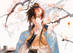 Rule 34 | 1boy, absurdres, alternate costume, alternate hairstyle, chinese clothes, cup, donaldakron, flower, genshin impact, hand on chin, hanfu, highres, long hair, male focus, plum blossoms, solo, solo focus, table, teacup, zhongli (genshin impact)