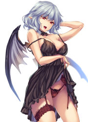 Rule 34 | 1girl, aged up, alternate costume, bare arms, bare shoulders, bat wings, blue hair, breasts, bridal garter, clothes lift, cowboy shot, detached collar, fangs, floral print, garter belt, highres, large breasts, lifting own clothes, lingerie, lips, looking at viewer, monety, negligee, off shoulder, open mouth, panties, pointy ears, red eyes, red legwear, red panties, remilia scarlet, short hair, simple background, smile, solo, standing, touhou, underwear, white background, wings